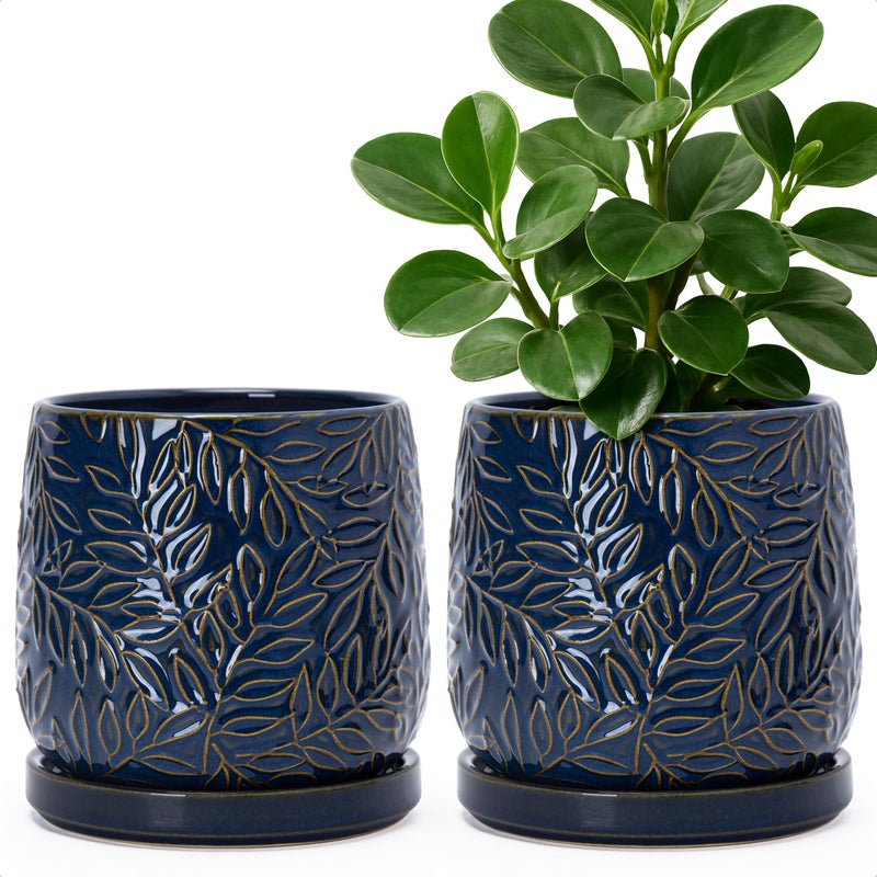 D'vine Dev 6 Inch Embossed Leaves Stoneware Planter Pot with Drainage Hole and Saucer, Midnight Blue, Set of 2, 27-F-X-3 - Image 1